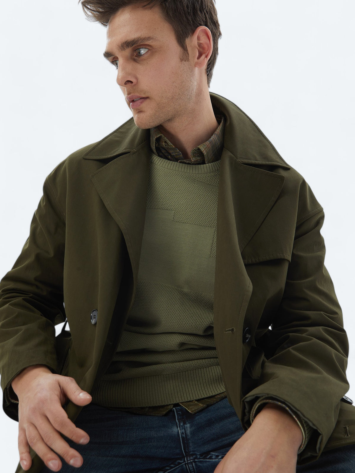 Haki Oversize Fit Kruvaze Yaka Casual Dokuma Pardösü