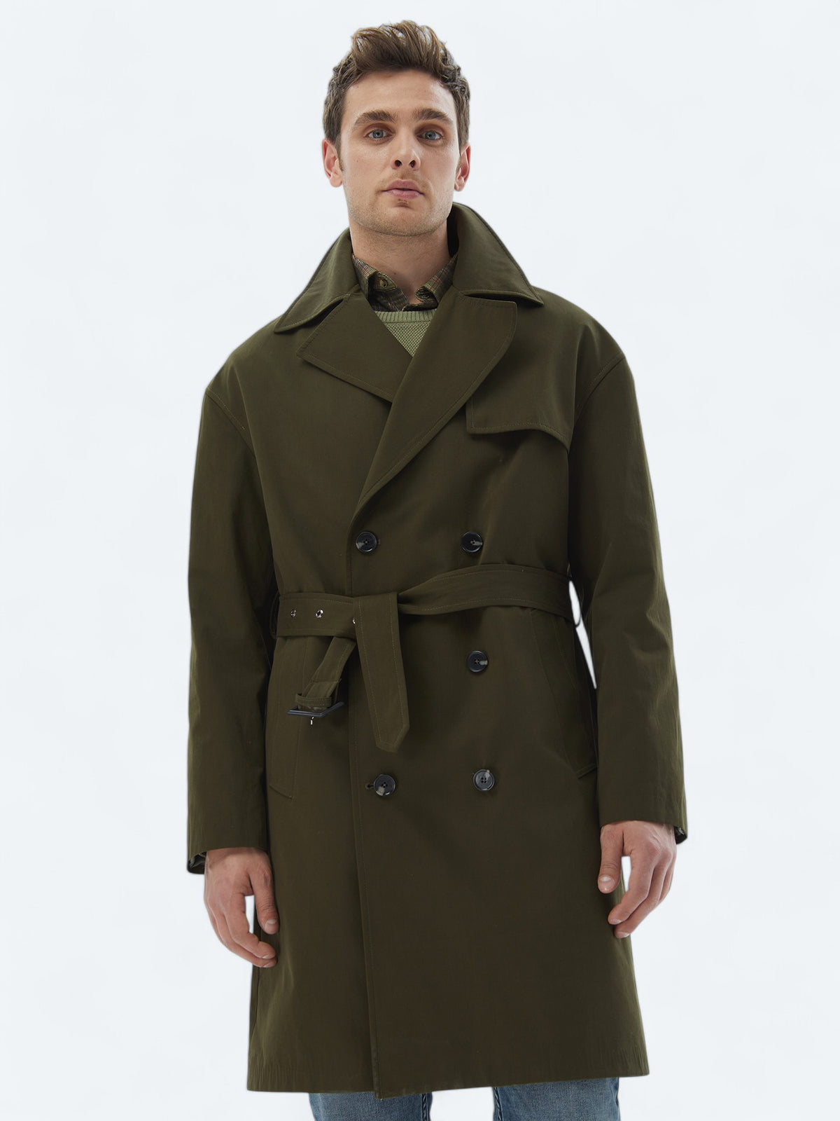 Haki Oversize Fit Kruvaze Yaka Casual Dokuma Pardösü