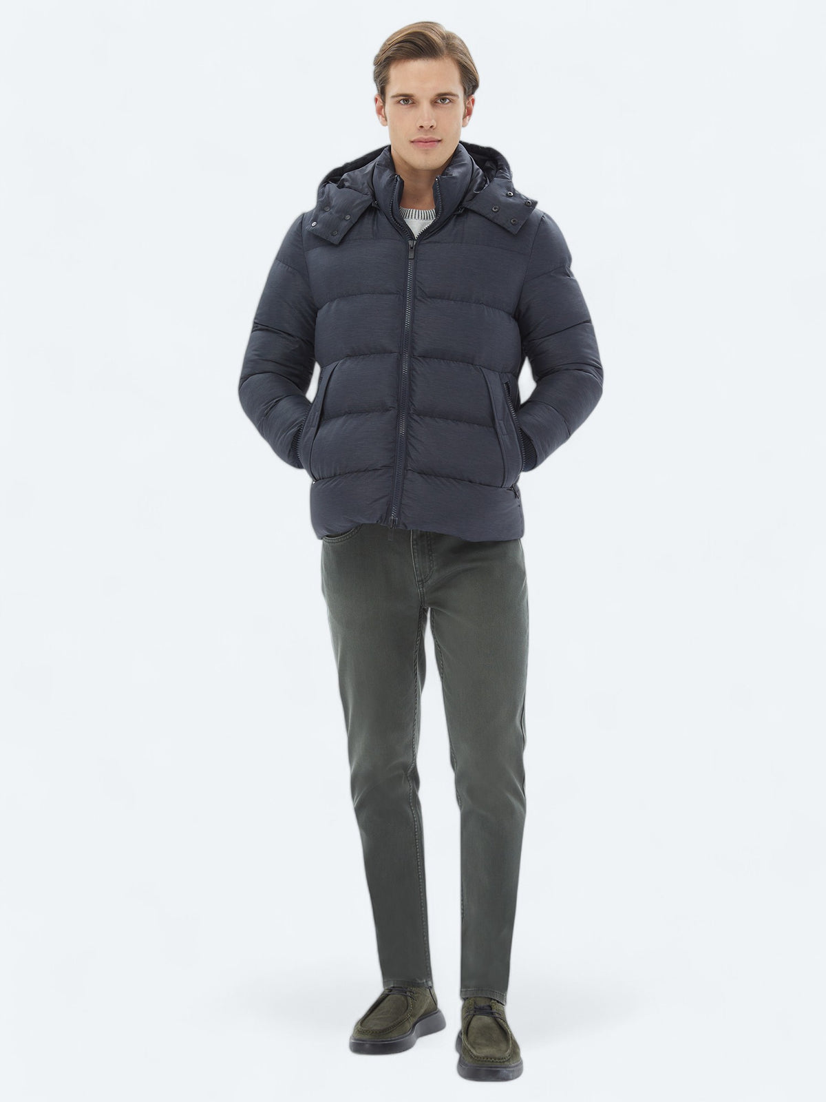 Lacivert Regular Fit Kapüşonlu Casual Dokuma Mont