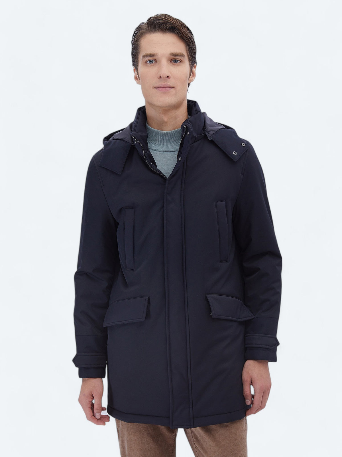 Lacivert Regular Fit Kapüşonlu Casual Dokuma Kaban