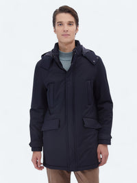 Lacivert Regular Fit Kapüşonlu Casual Dokuma Kaban
