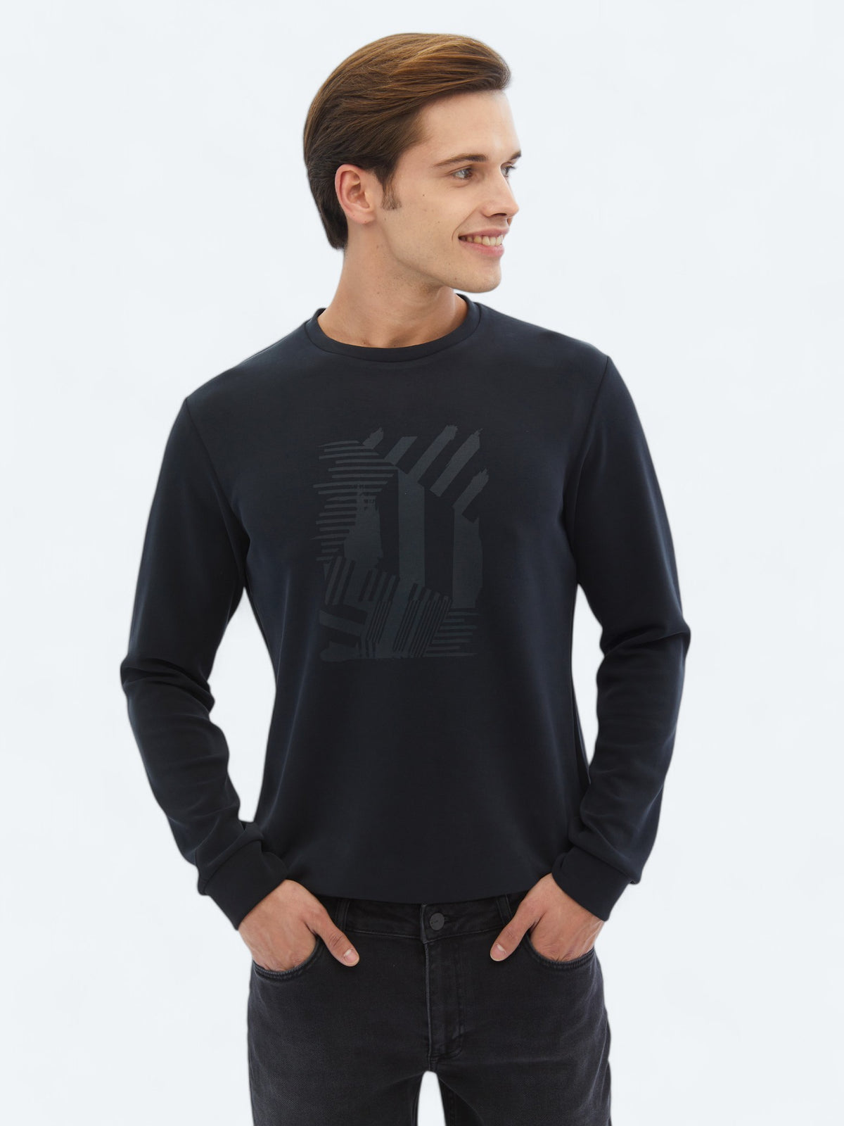 Siyah Bisiklet Yaka Baskılı Sweatshırt