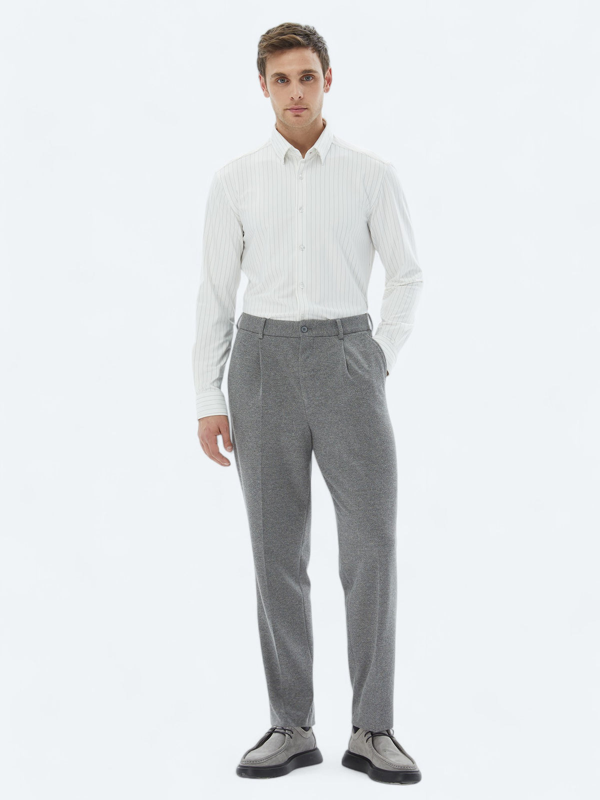 Beyaz Çizgili Regular Fit Uzun Casual Gömlek