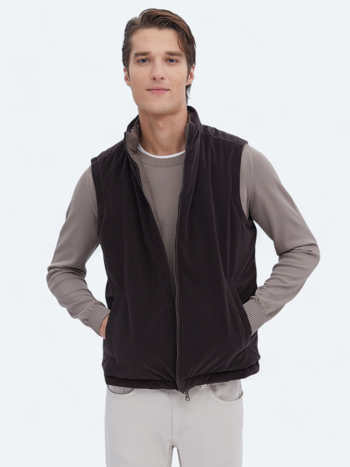 Koyu Vizon Regular Fit Gizli Kapüşon Casual Dokuma Spor Yelek
