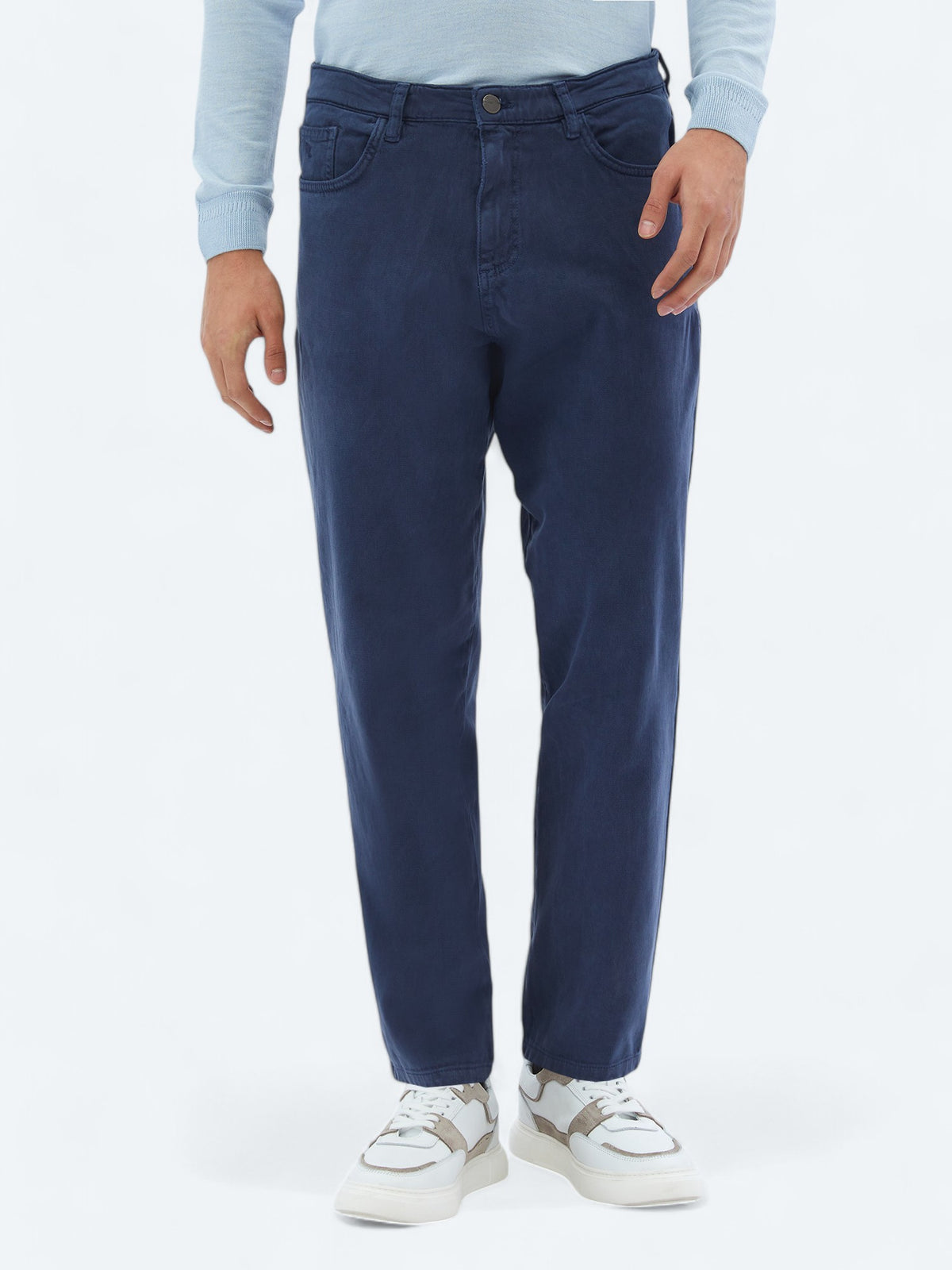 İndigo Dokuma Carrot Fit Casual Pamuk Karışımlı Pantolon