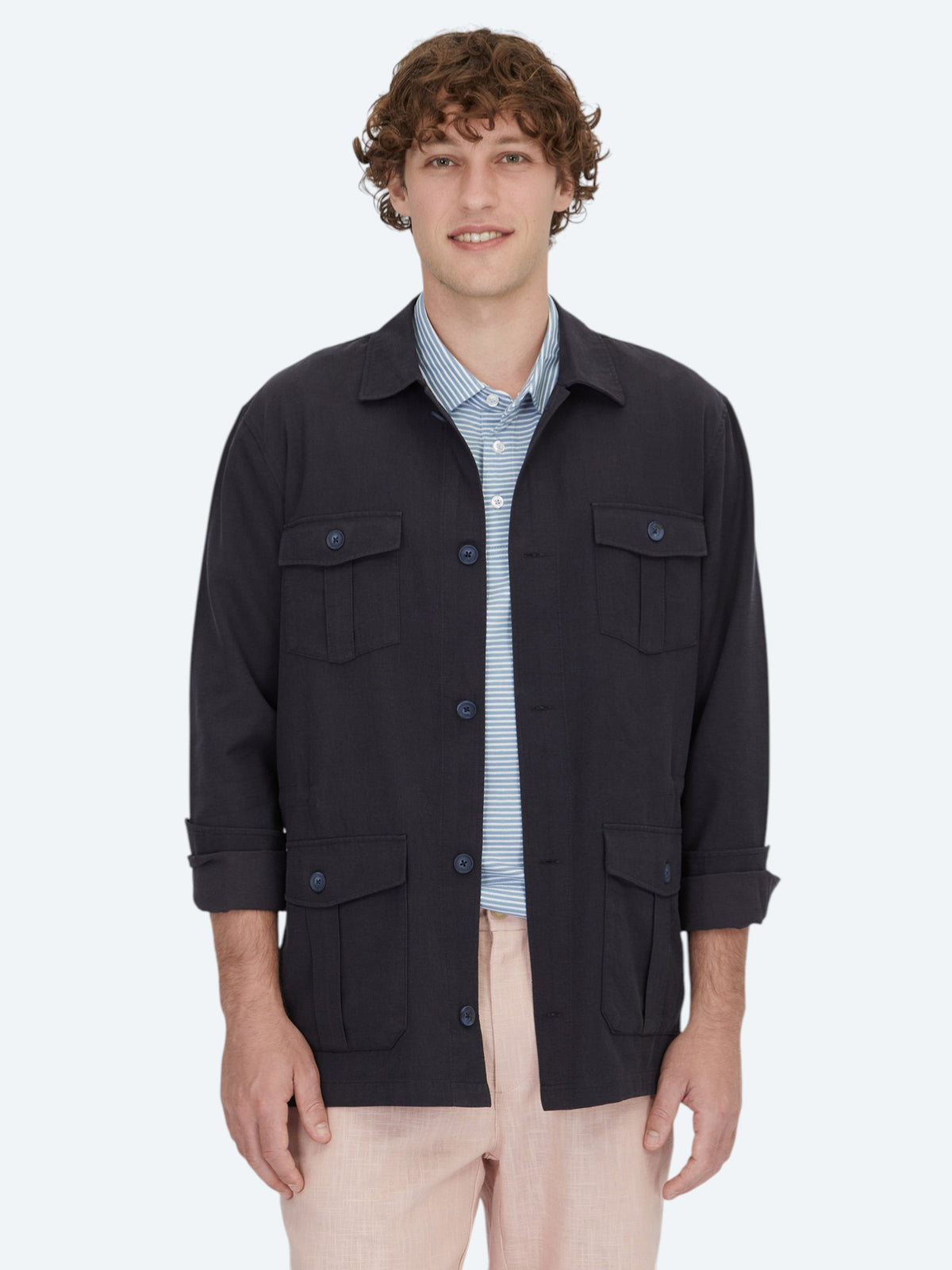 Lacivert Oversize Fit Uzun Dokuma Pamuk Karışımlı Overshırt
