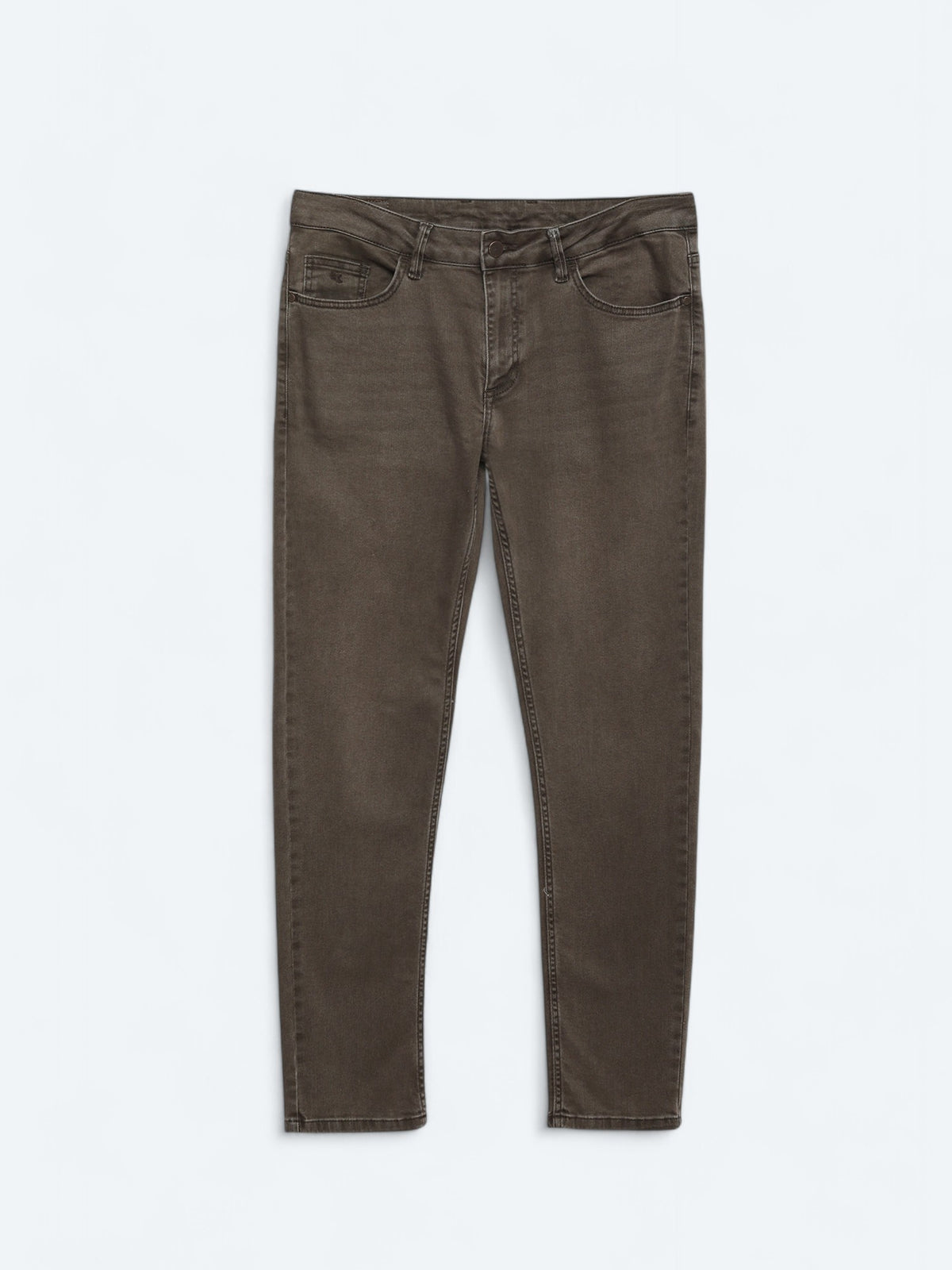 Kahverengi Düz Slim Fit Denim Pamuk Karışımlı Pantolon