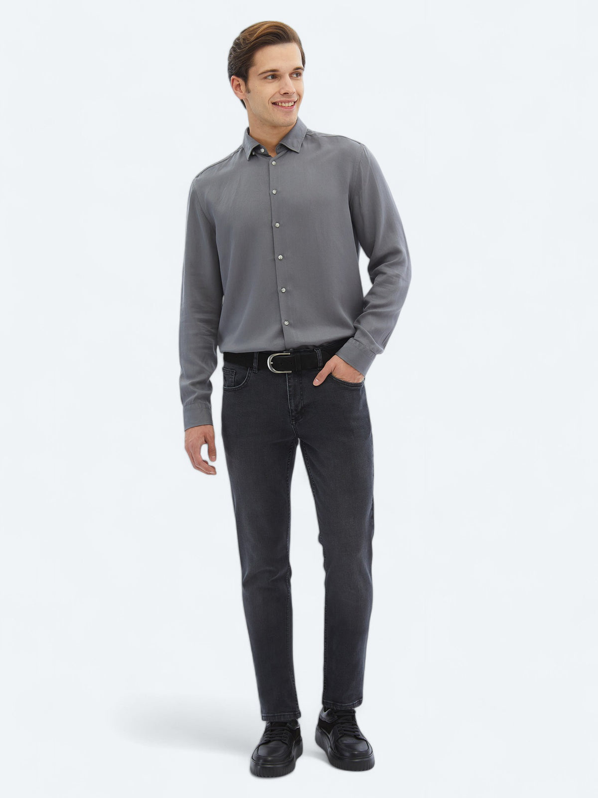 Gri Fitilli Regular Fit Uzun Dokuma Casual Gömlek