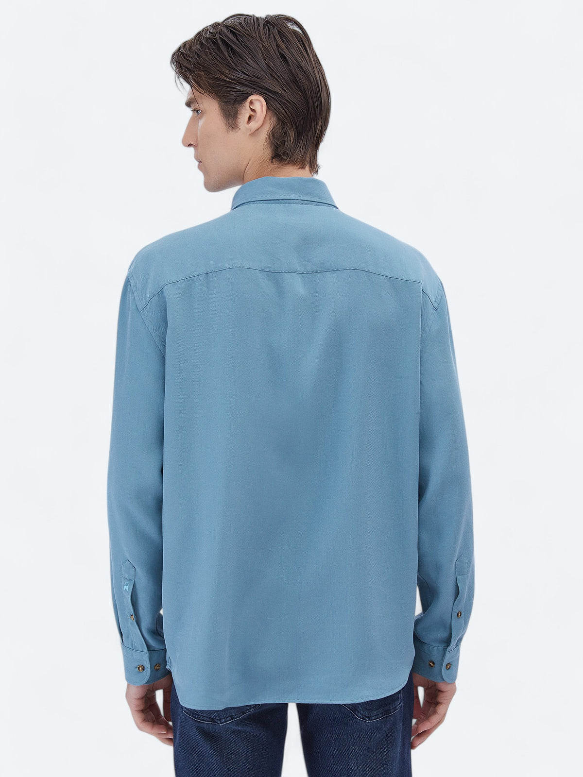 Koyu Mint Fitilli Oversize Fit Uzun Dokuma Casual Gömlek