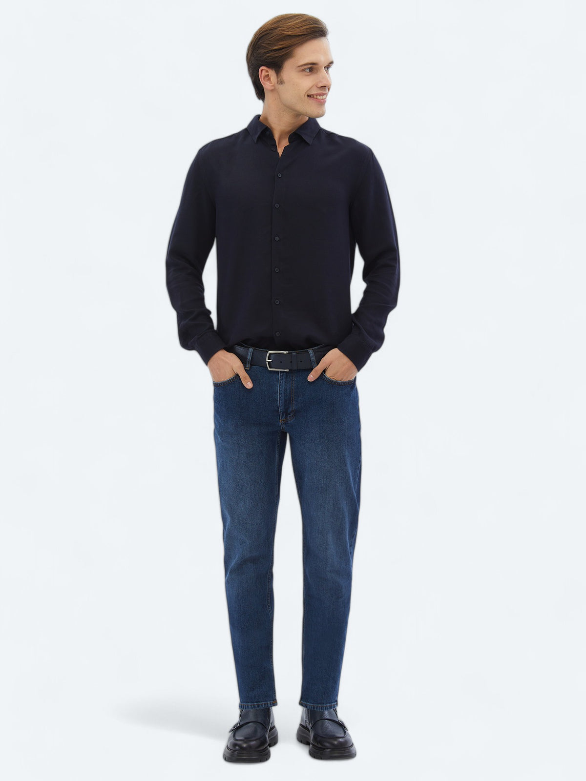 Lacivert Fitilli Regular Fit Uzun Dokuma Casual Gömlek