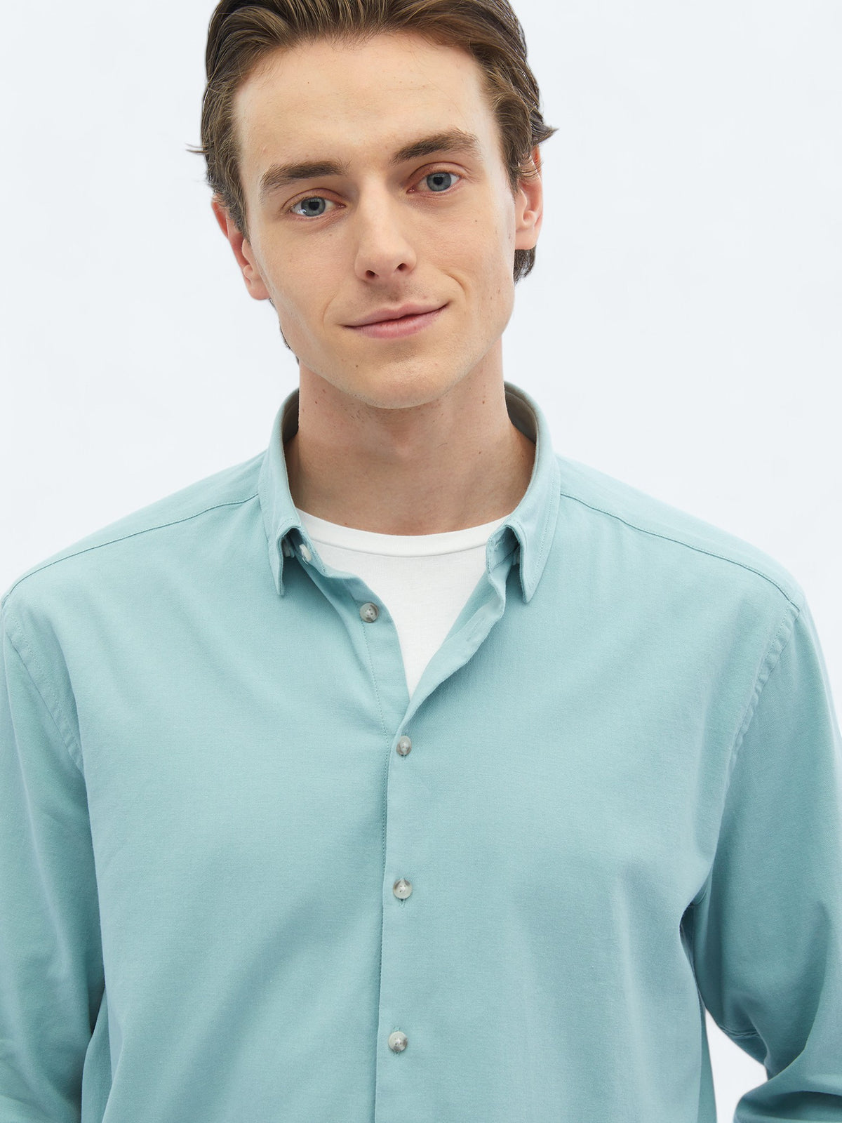 Mint Düz Regular Fit Uzun Dokuma Casual Pamuk Karışımlı Gömlek