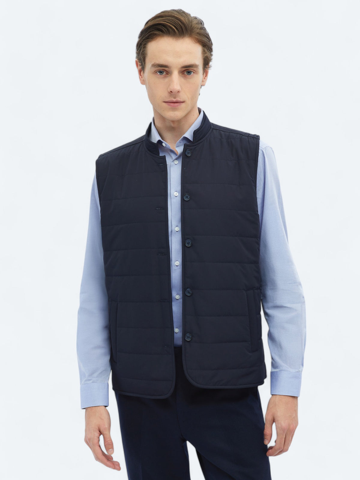 Lacivert Regular Fit Dik Yaka Casual Dokuma Spor Yelek