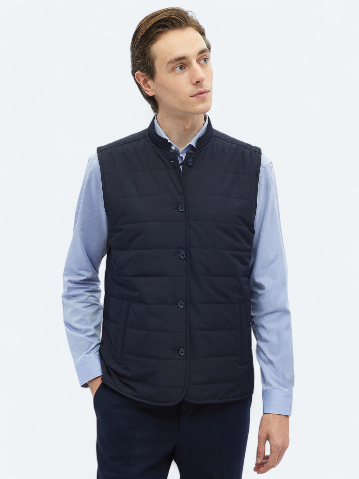 Lacivert Regular Fit Dik Yaka Casual Dokuma Spor Yelek