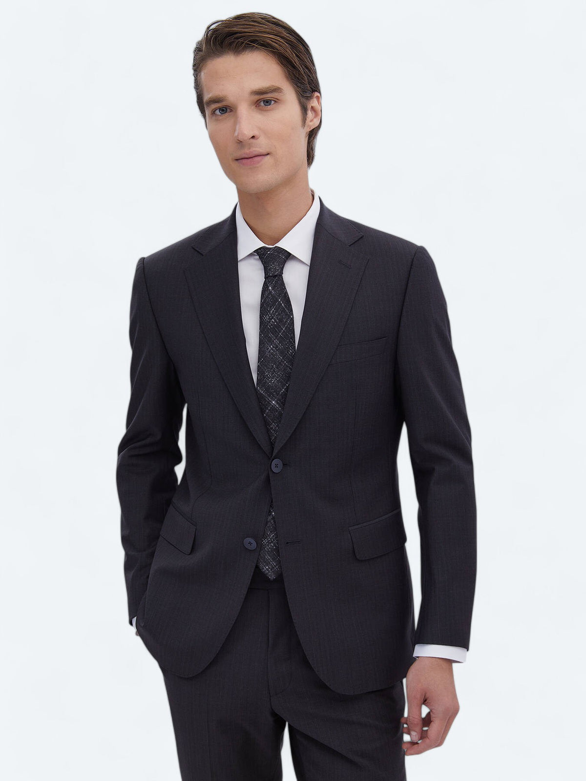 Lacivert Desenli Regular Fit Yün Karışımlı Takım Elbise