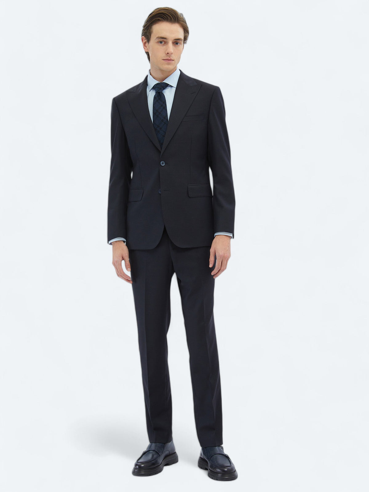Siyah Desenli Modern Fit Yün Karışımlı Takım Elbise