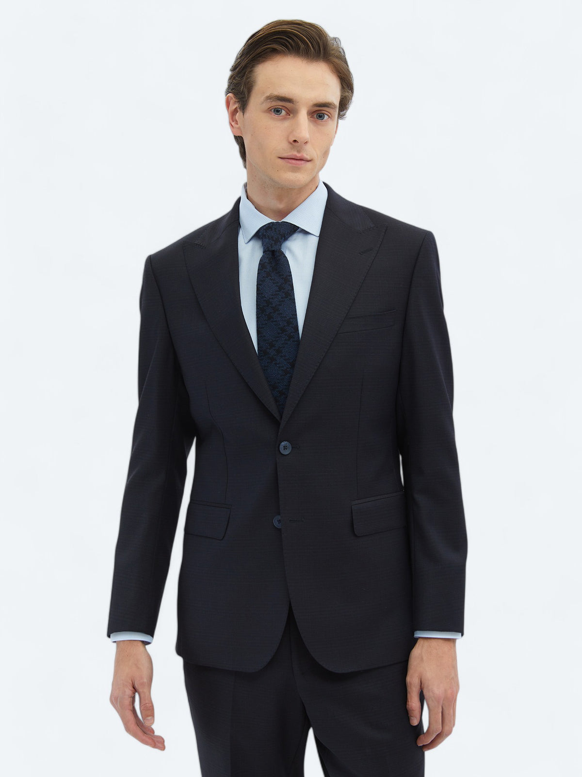 Siyah Desenli Modern Fit Yün Karışımlı Takım Elbise