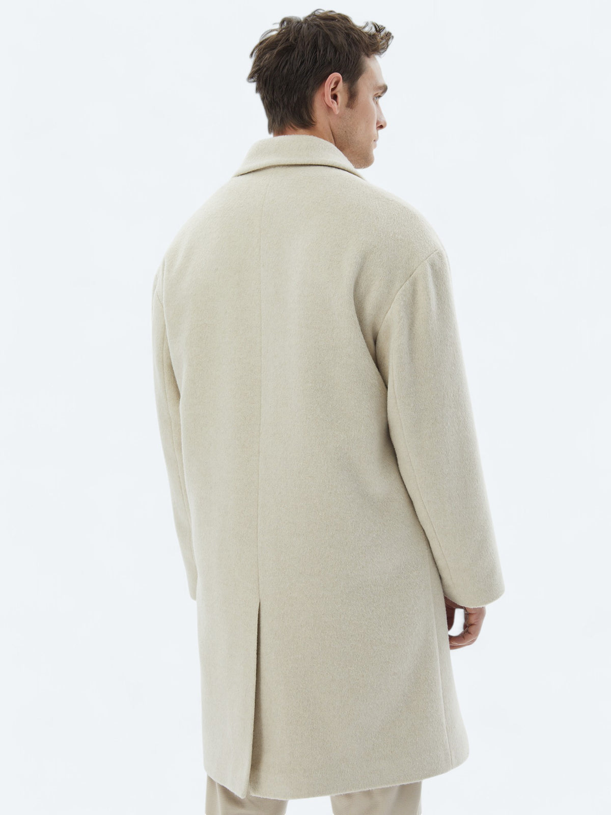 Açık Bej Oversize Fit Kruvaze Yaka Klasik Dokuma Palto