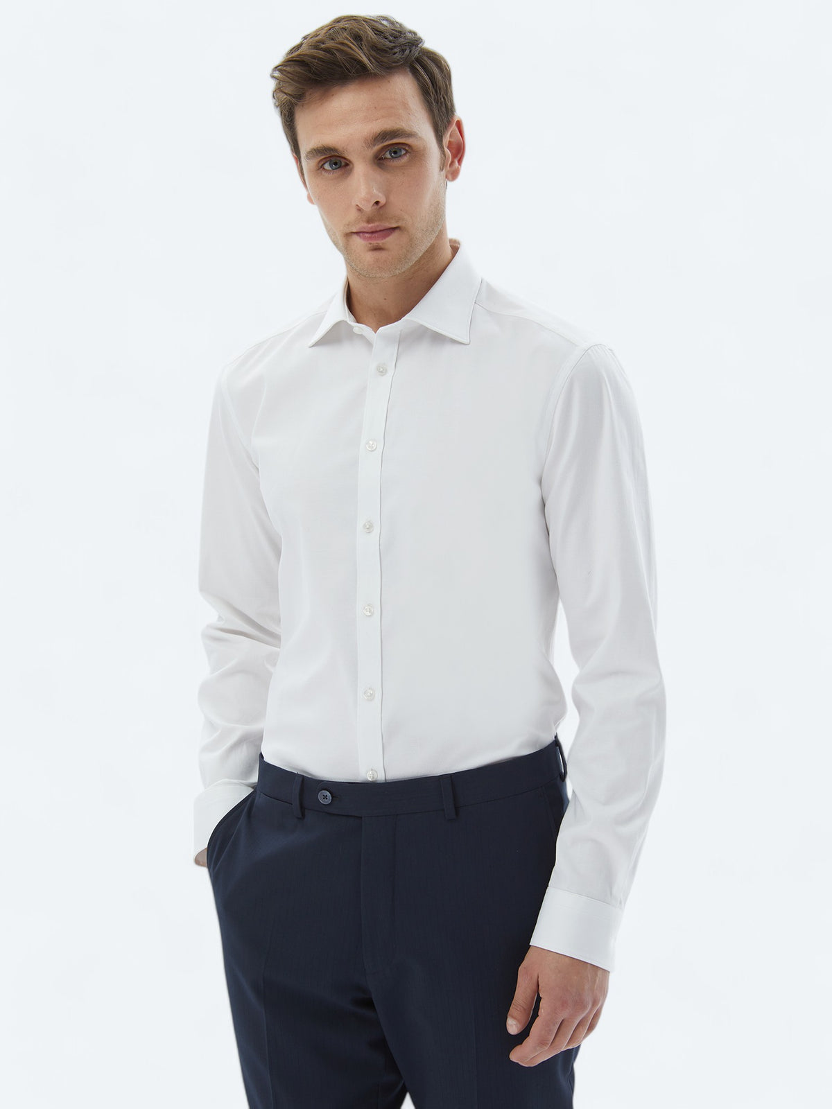 Beyaz Düz Slim Fit Uzun Dokuma Klasik %100 Pamuk Gömlek