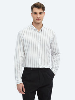 Kahverengi Çizgili Regular Fit Uzun Dokuma Casual %100 Pamuk Gömlek