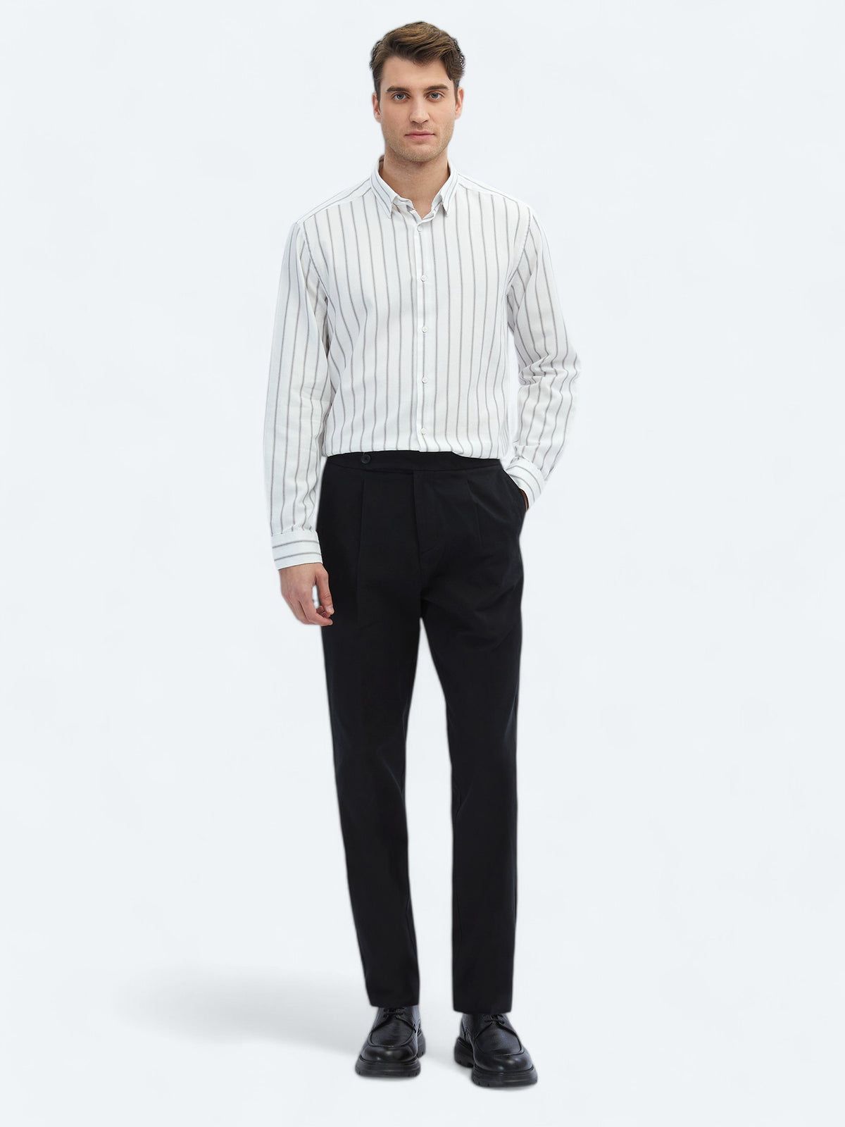 Kahverengi Çizgili Regular Fit Uzun Dokuma Casual %100 Pamuk Gömlek