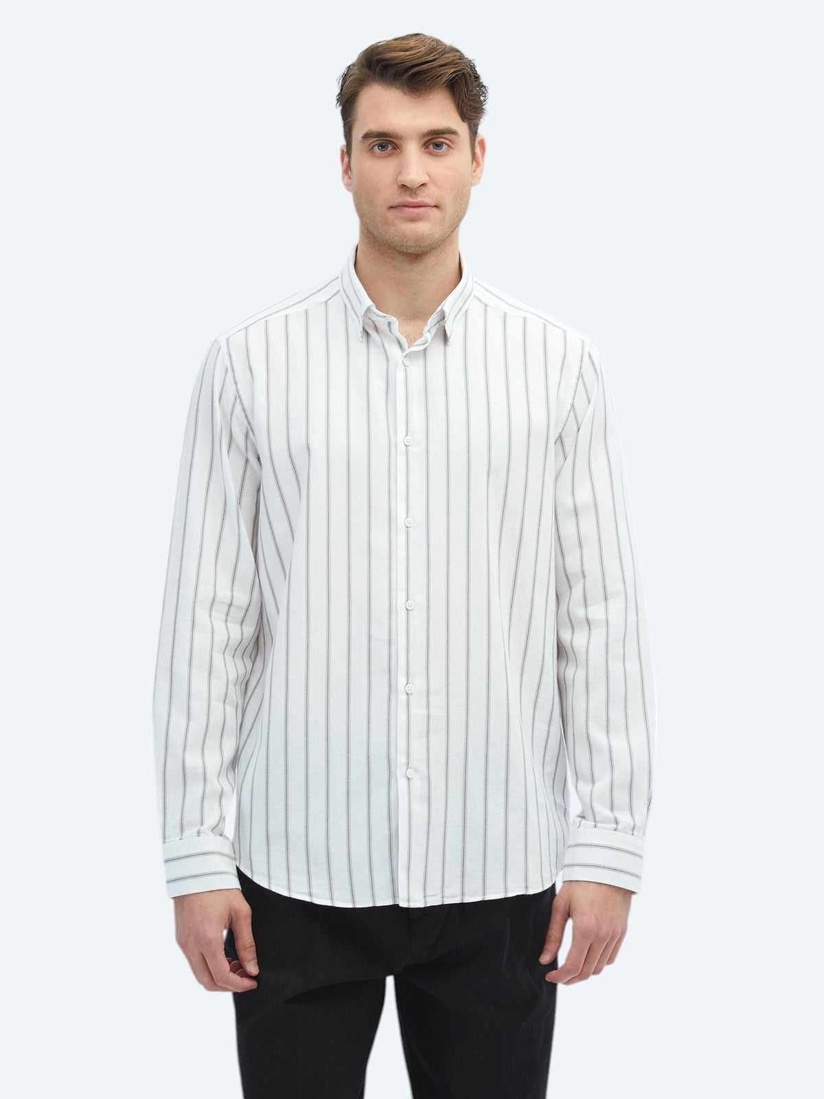 Kahverengi Çizgili Regular Fit Uzun Dokuma Casual %100 Pamuk Gömlek