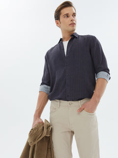 Lacivert Çizgili Regular Fit Uzun Dokuma Casual Gömlek