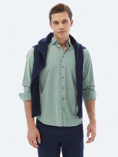 Mint Fitilli Regular Fit Uzun Dokuma Kadife Casual %100 Pamuk Gömlek