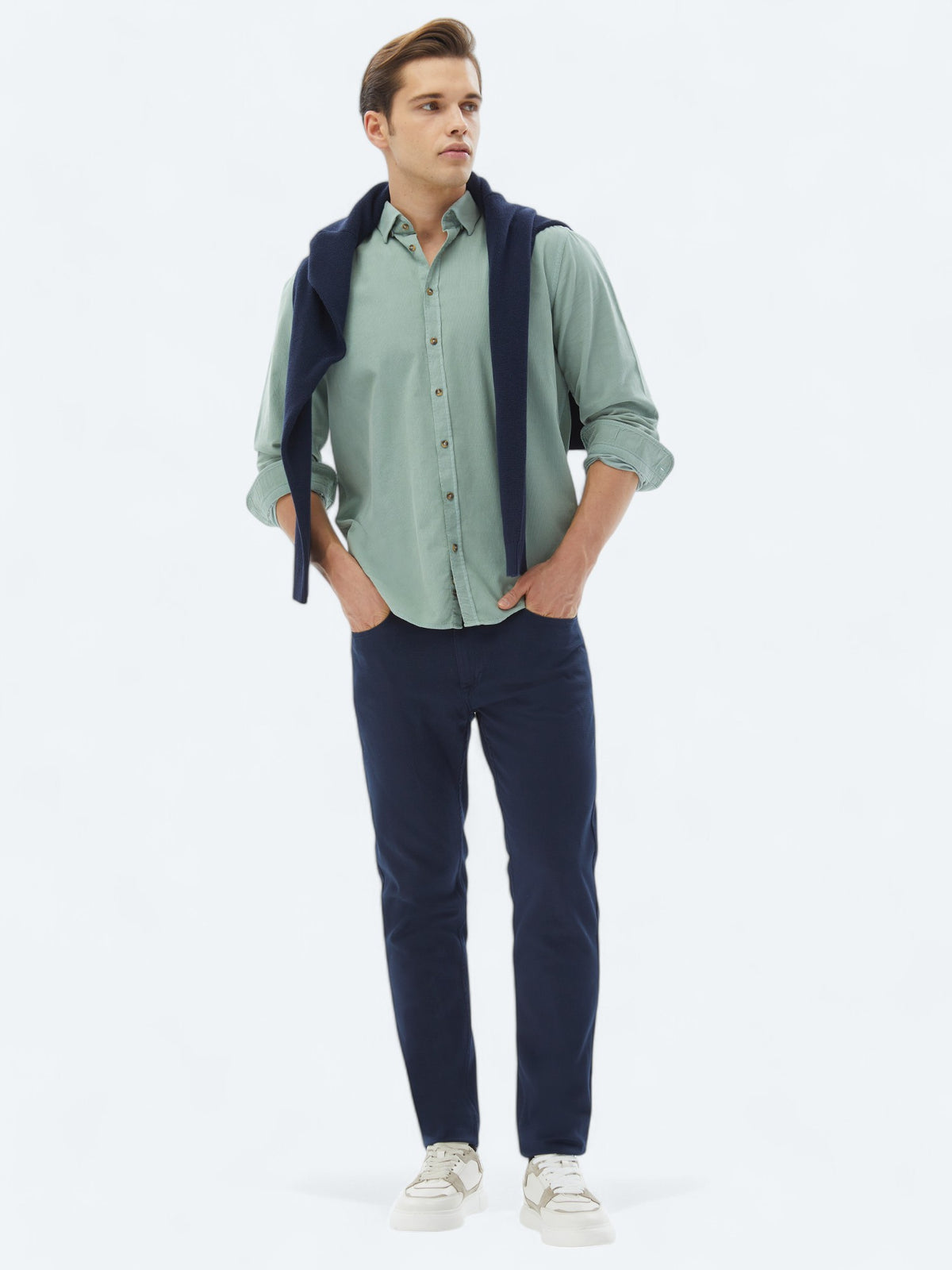 Mint Fitilli Regular Fit Uzun Dokuma Kadife Casual %100 Pamuk Gömlek