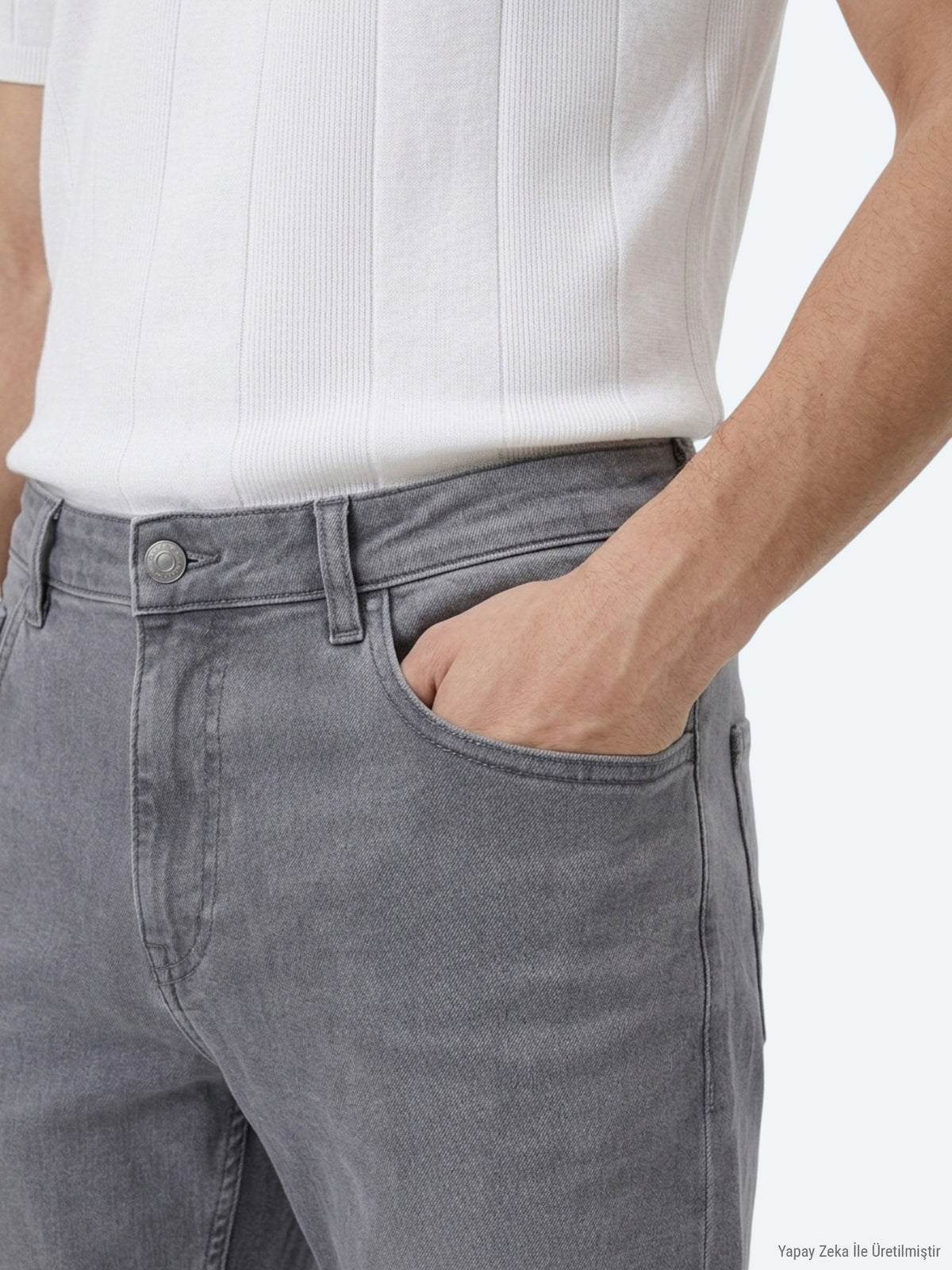 Gri Slim Fit Denim Pamuk Karışımlı Pantolon