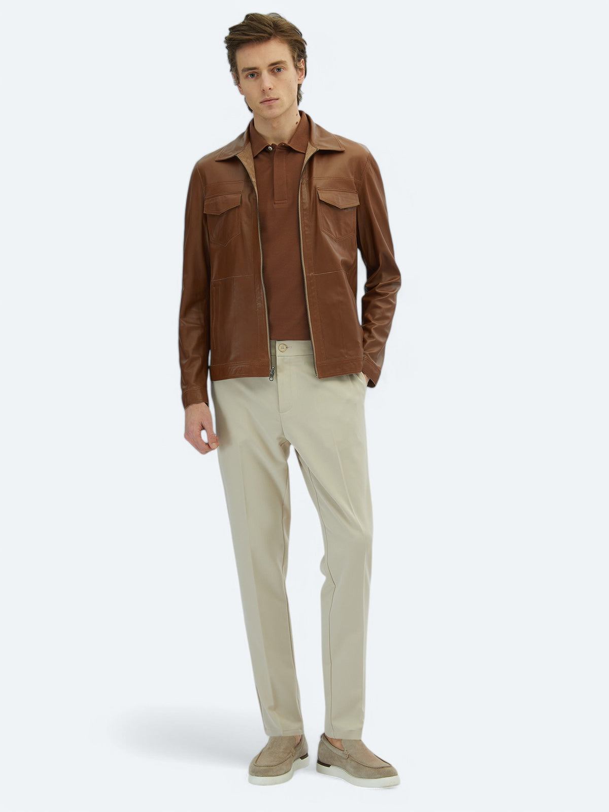 Bej Regular Fit Dik Yaka Smart Casual Çift Taraflı Deri Mont