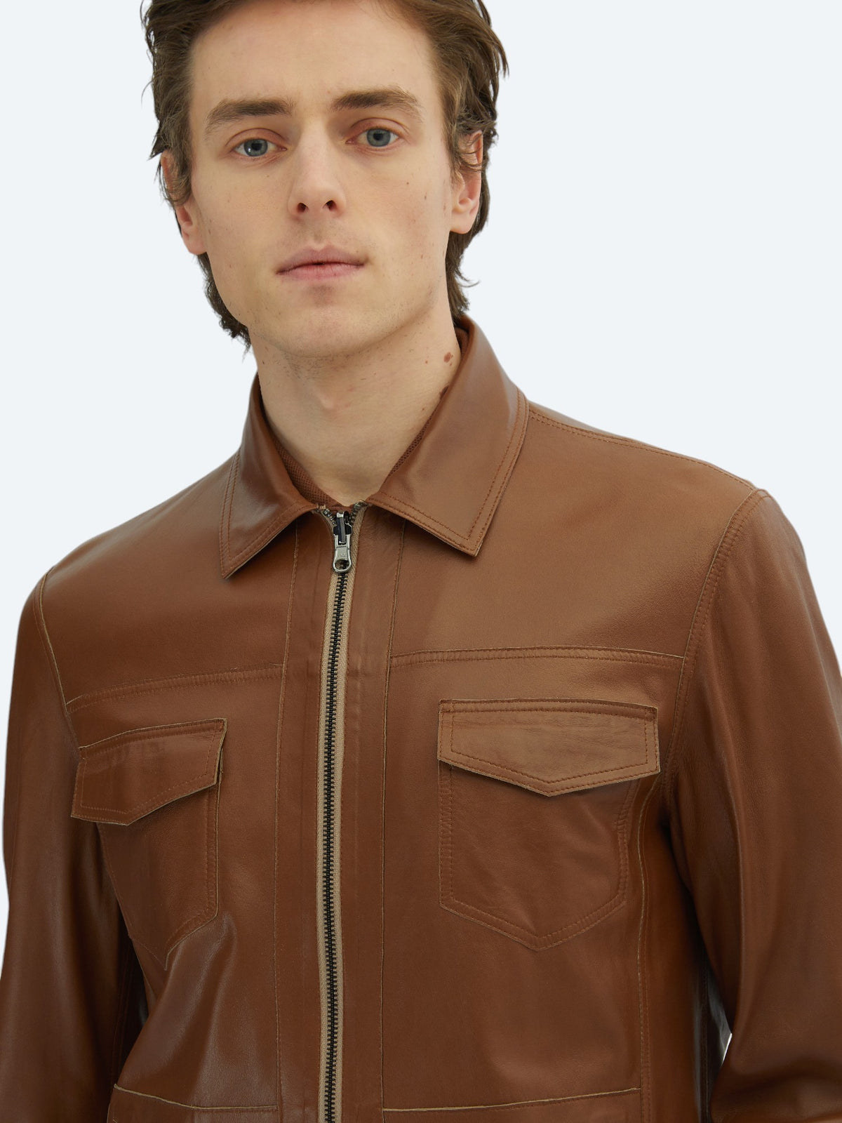 Bej Regular Fit Dik Yaka Smart Casual Çift Taraflı Deri Mont