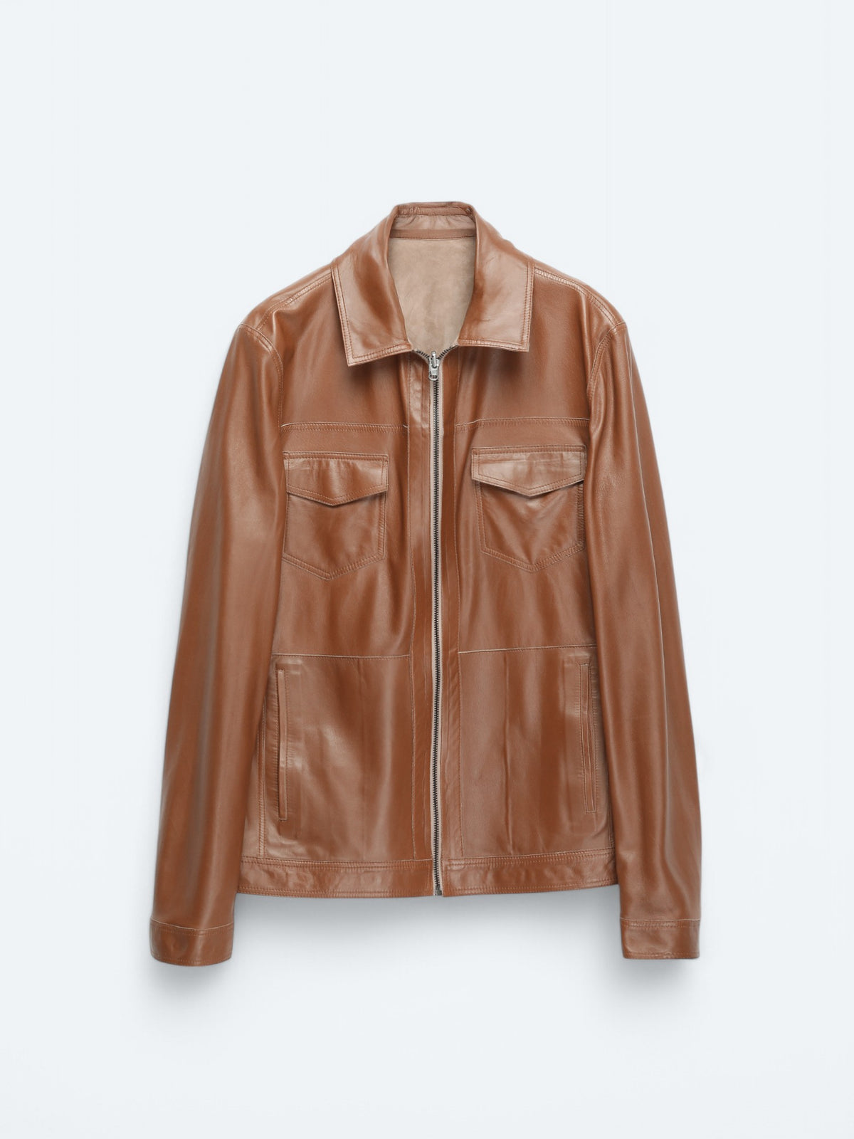 Bej Regular Fit Dik Yaka Smart Casual Çift Taraflı Deri Mont