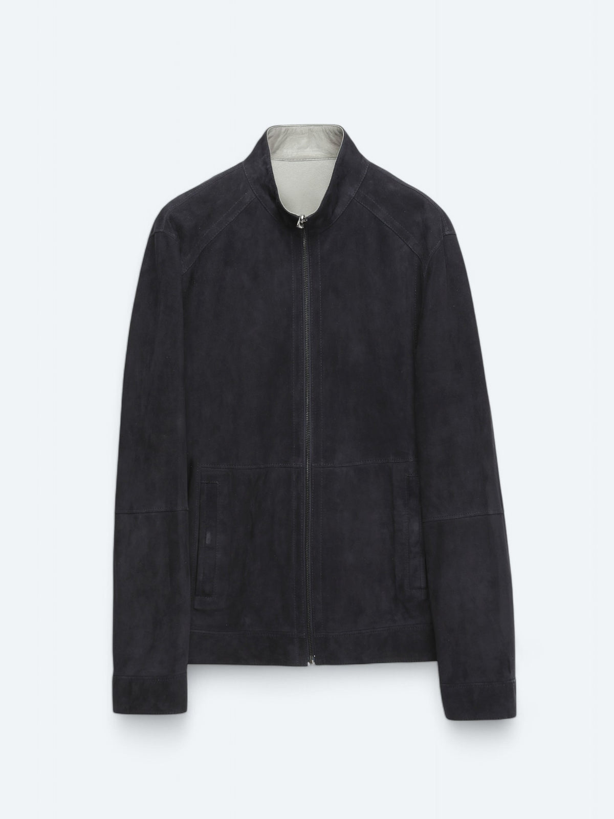 Lacivert Regular Fit Dik Yaka Smart Casual Deri Çift Taraflı Deri Mont