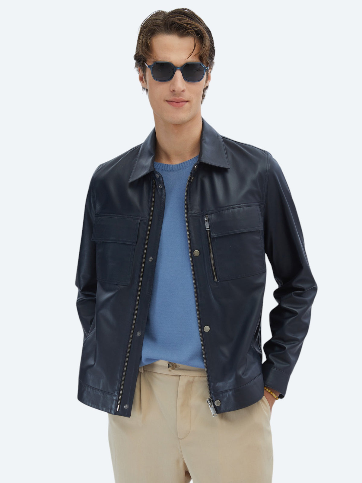Lacivert Regular Fit Gömlek Yaka Smart Casual Koyun Derisi Deri Mont