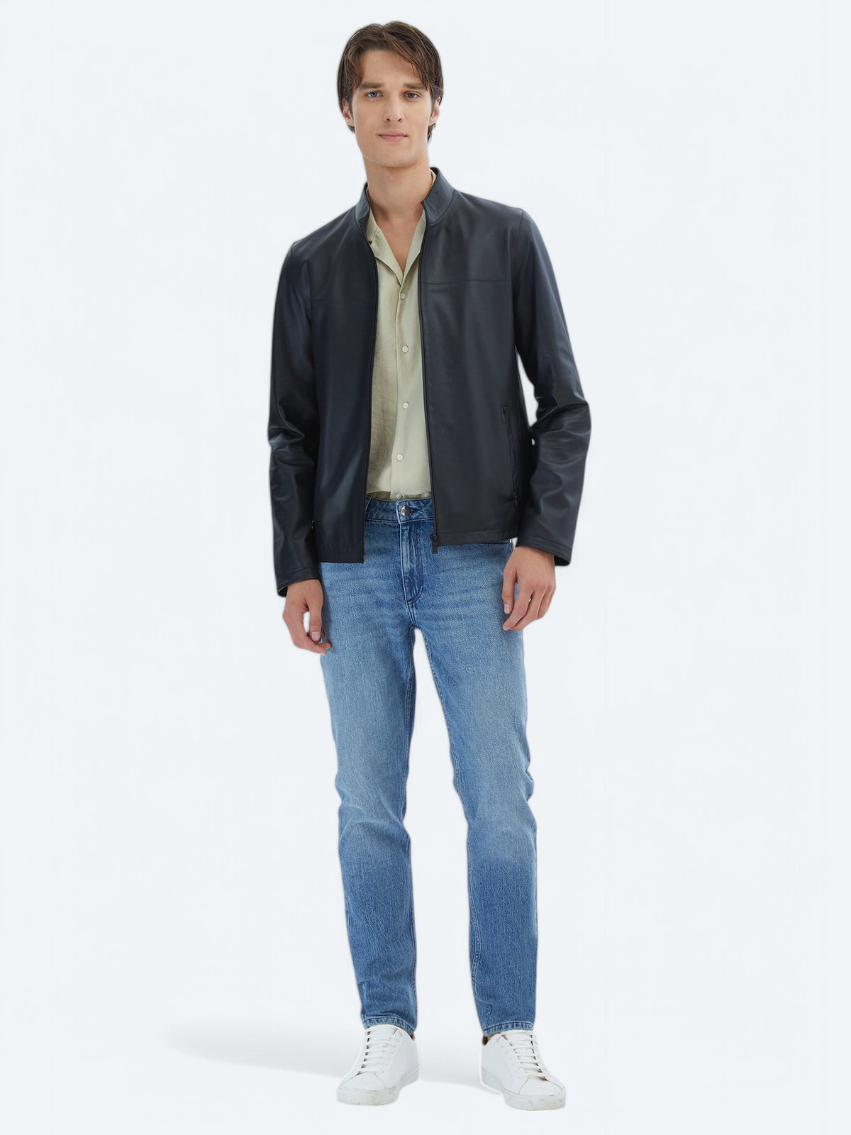 Siyah Regular Fit Dik Yaka Smart Casual Koyun Derisi Deri Mont