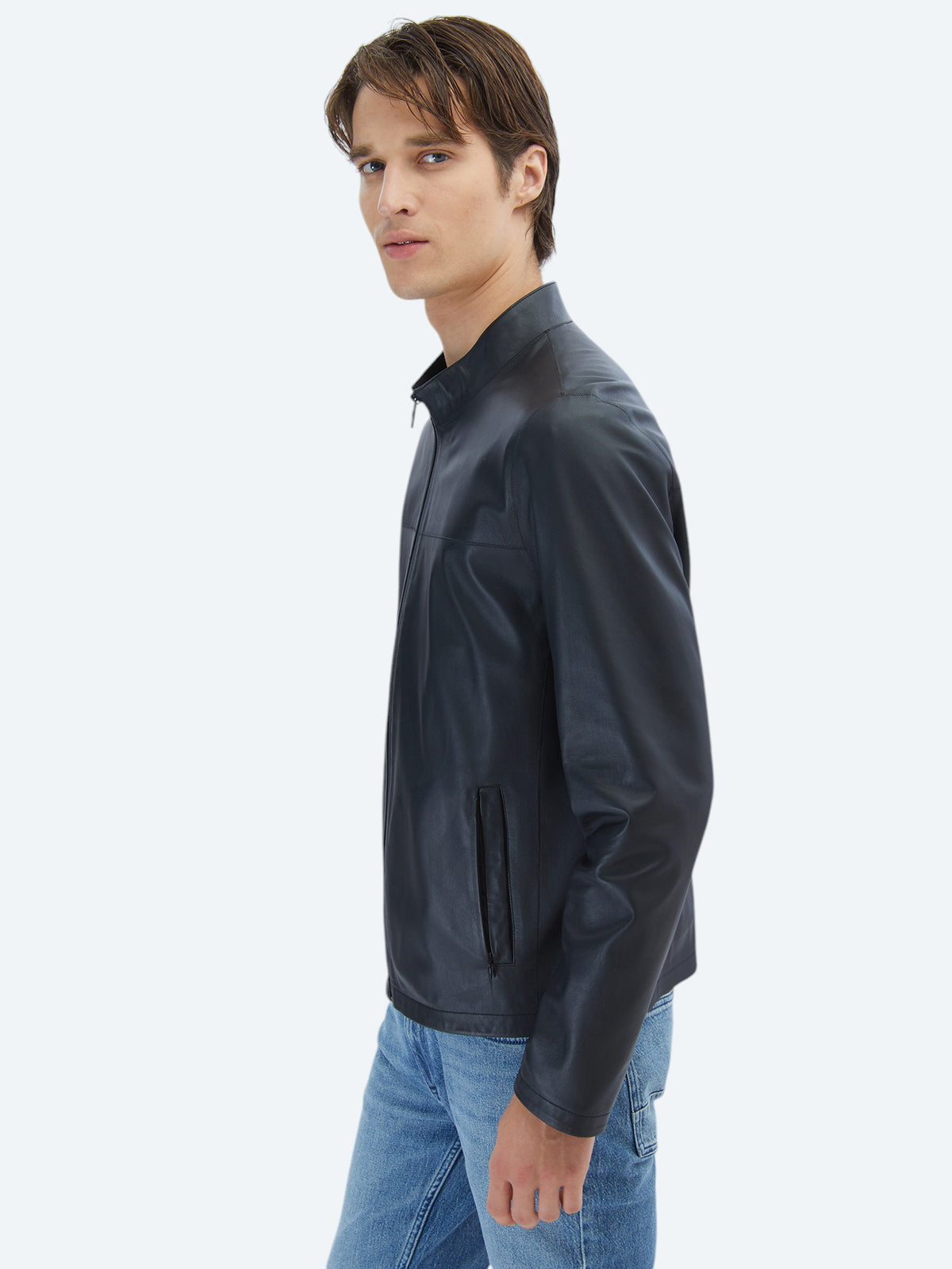 Siyah Regular Fit Dik Yaka Smart Casual Koyun Derisi Deri Mont
