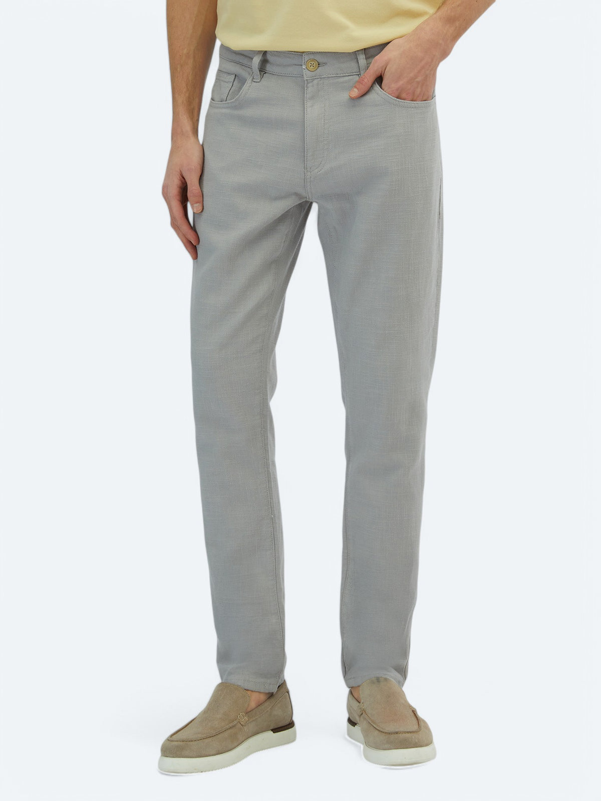 Gri Dokuma Regular Fit Casual Pamuk Karışımlı Pantolon