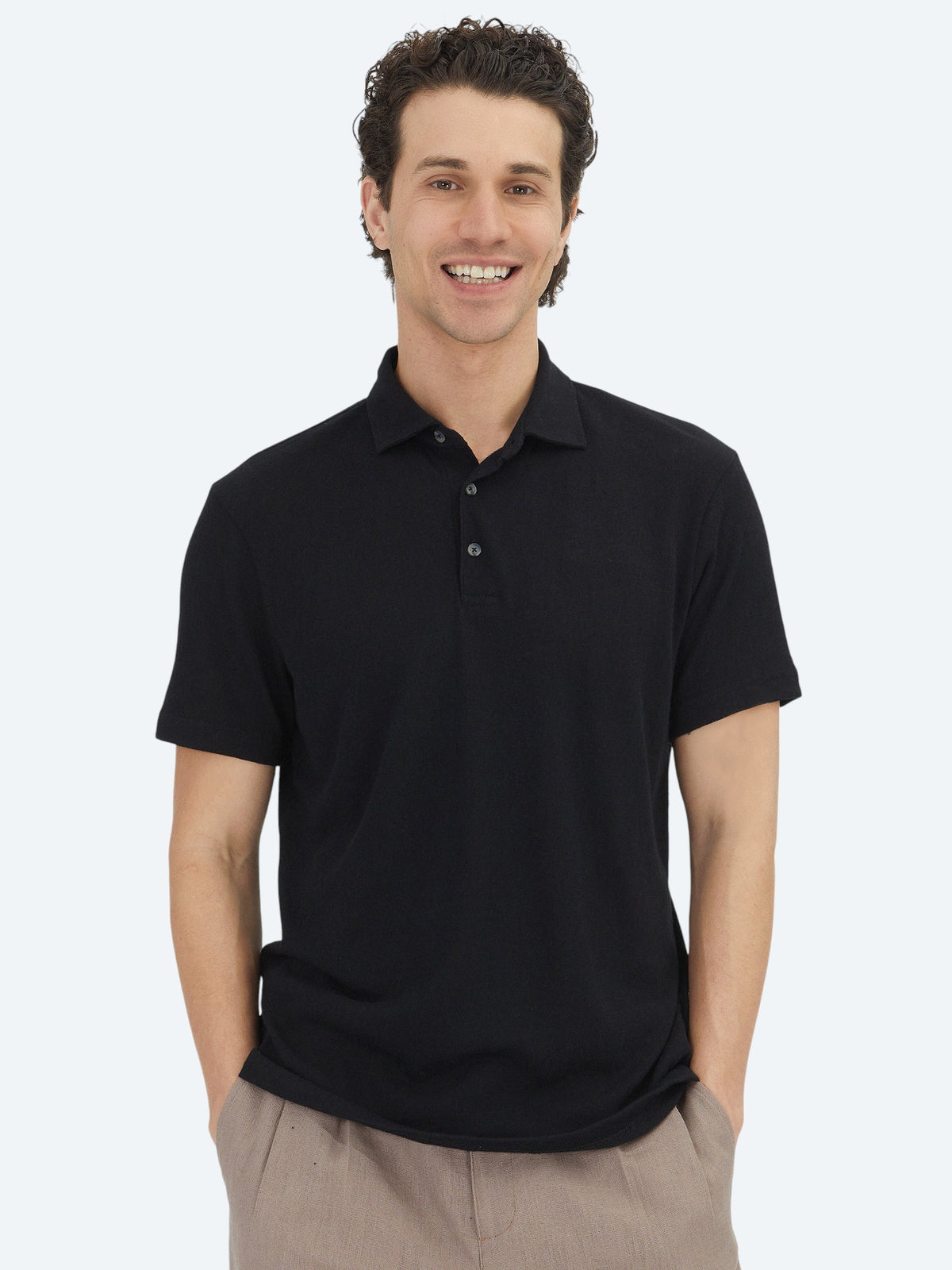 Siyah Düz Polo Yaka Pamuk Karışımlı T-Shirt