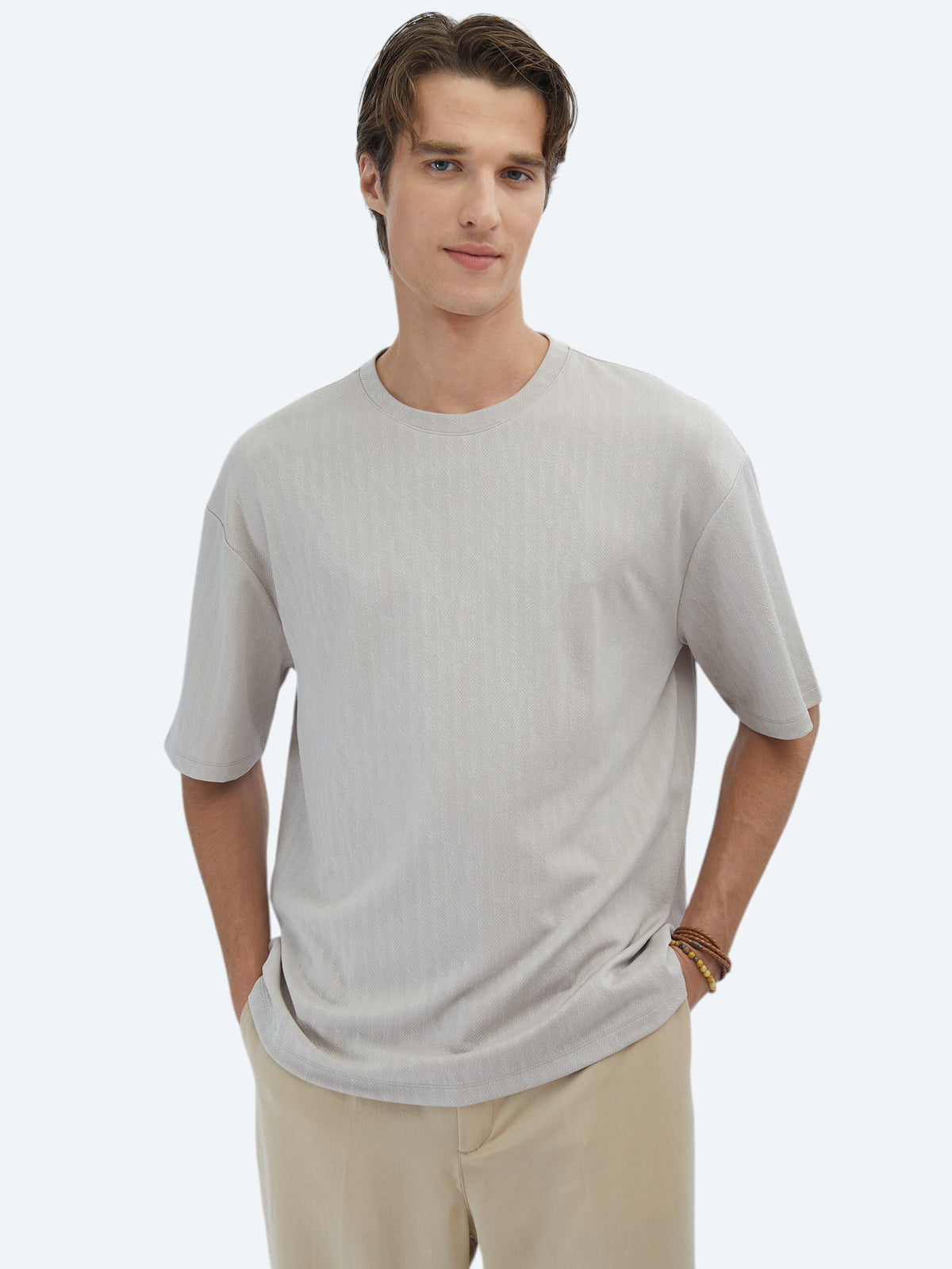 Bej Desenli Bisiklet Yaka T-Shirt