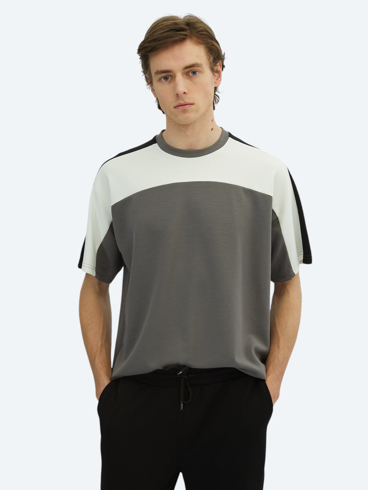 Antrasit Düz Bisiklet Yaka T-Shirt
