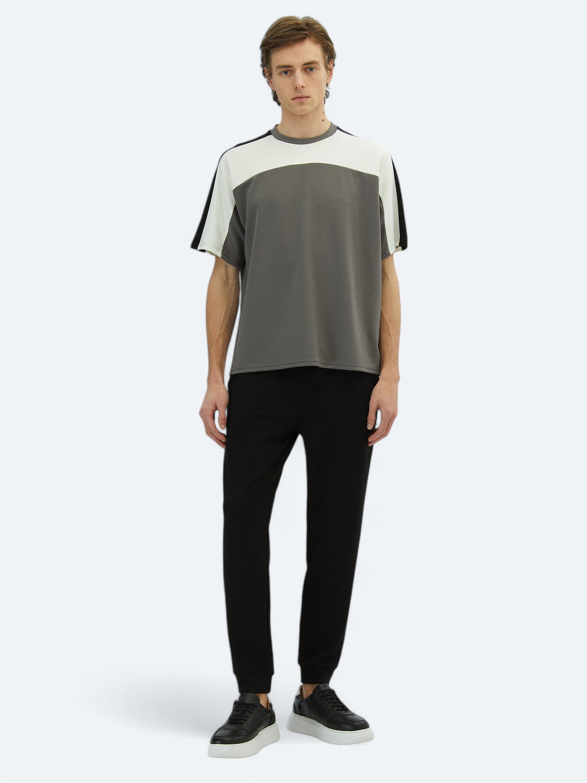 Antrasit Düz Bisiklet Yaka T-Shirt
