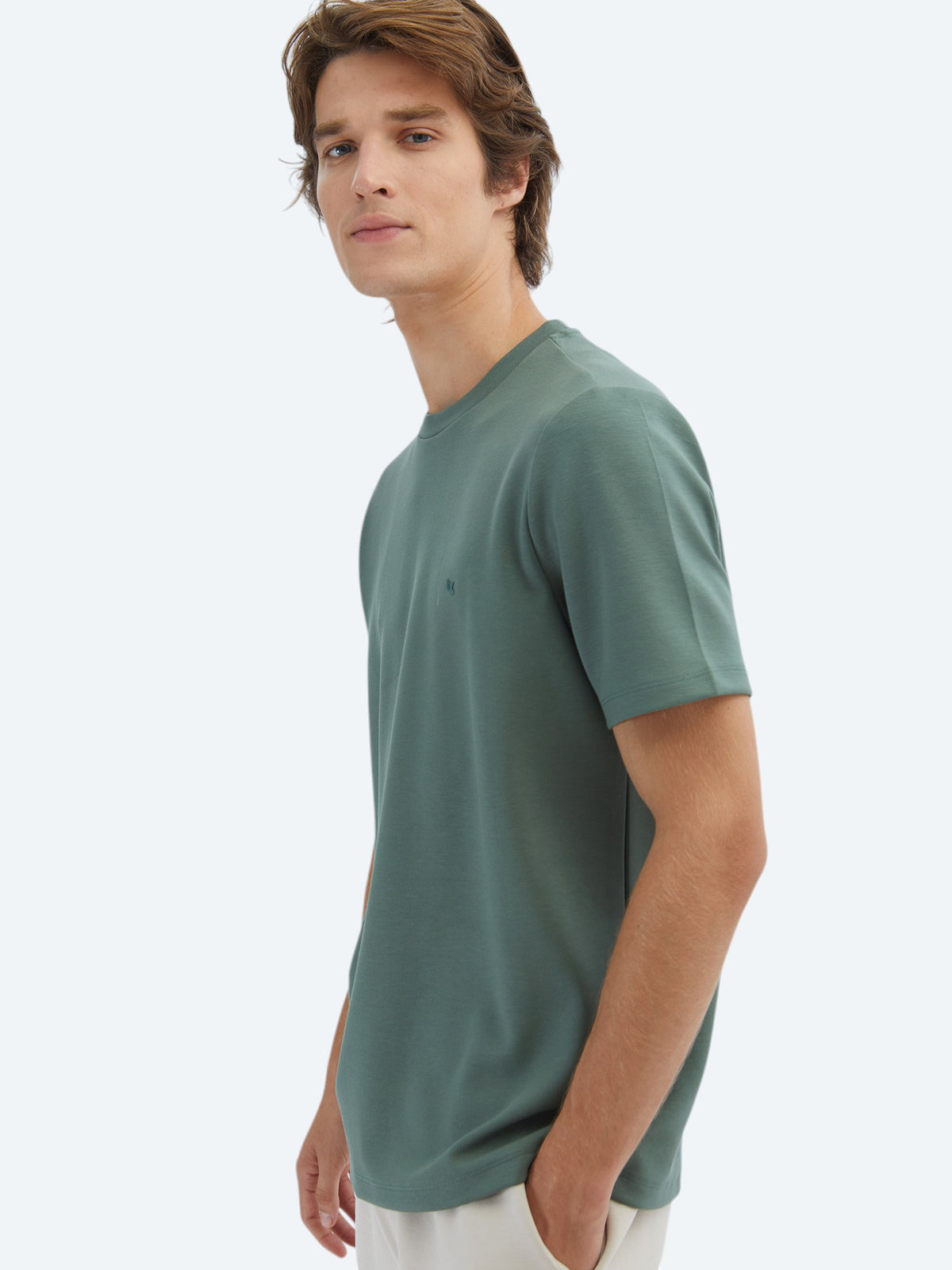 Yeşil Düz Bisiklet Yaka T-Shirt