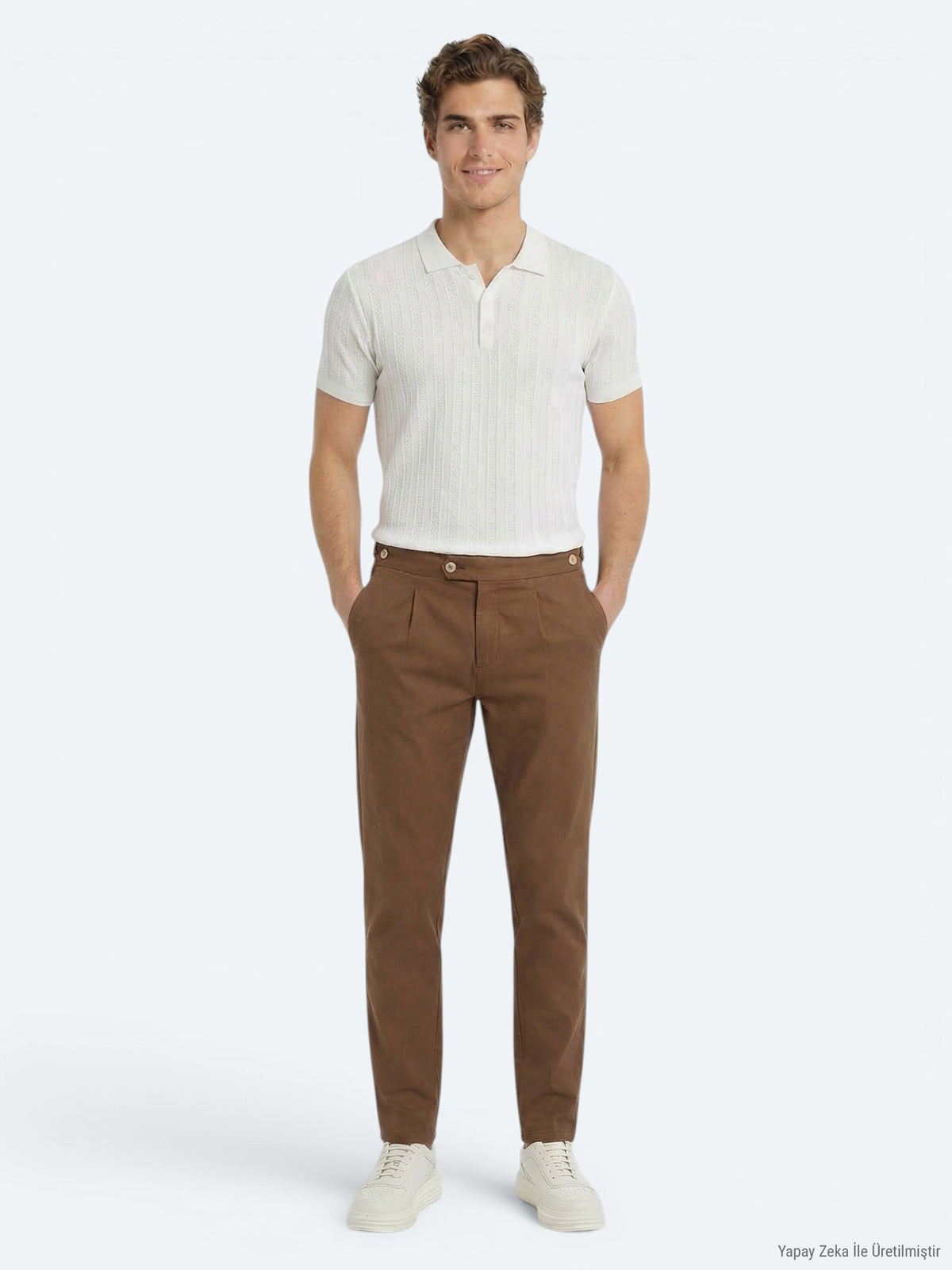 Kırık Beyaz Polo Yaka Desenli Triko