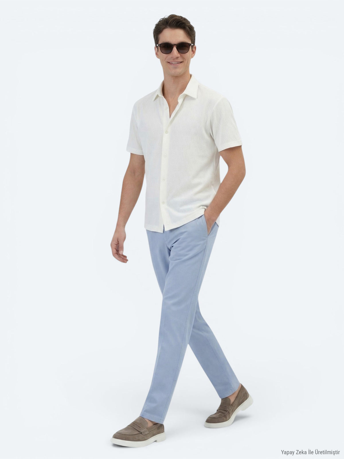 Ekru Desenli Regular Fit Kısa Casual Gömlek