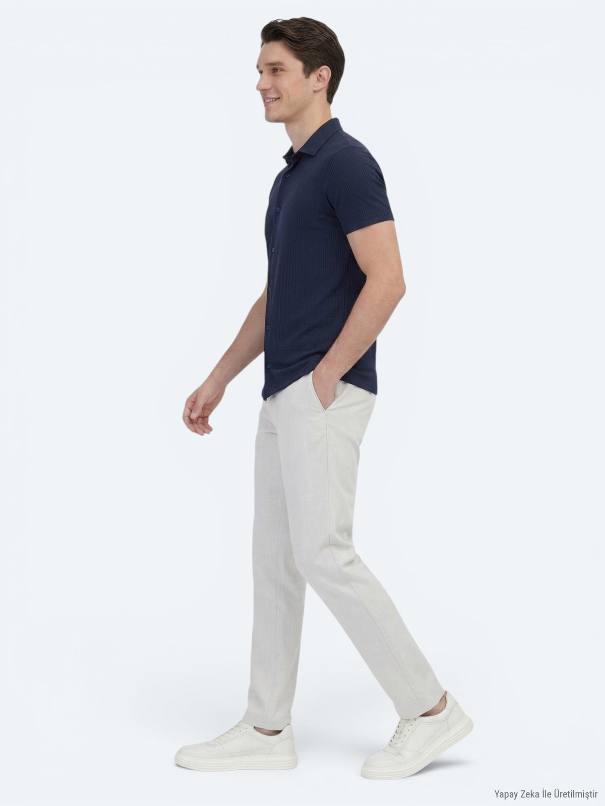 Lacivert Desenli Regular Fit Kısa Casual Gömlek