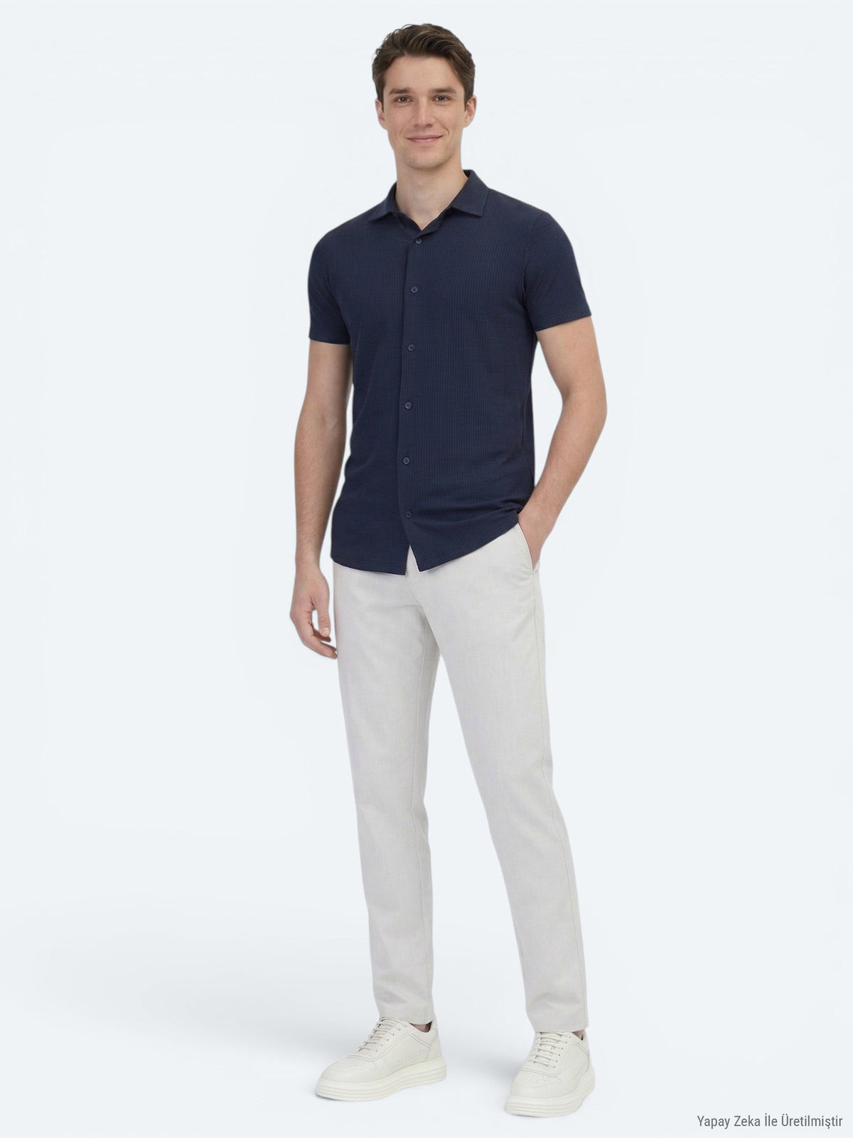 Lacivert Desenli Regular Fit Kısa Casual Gömlek