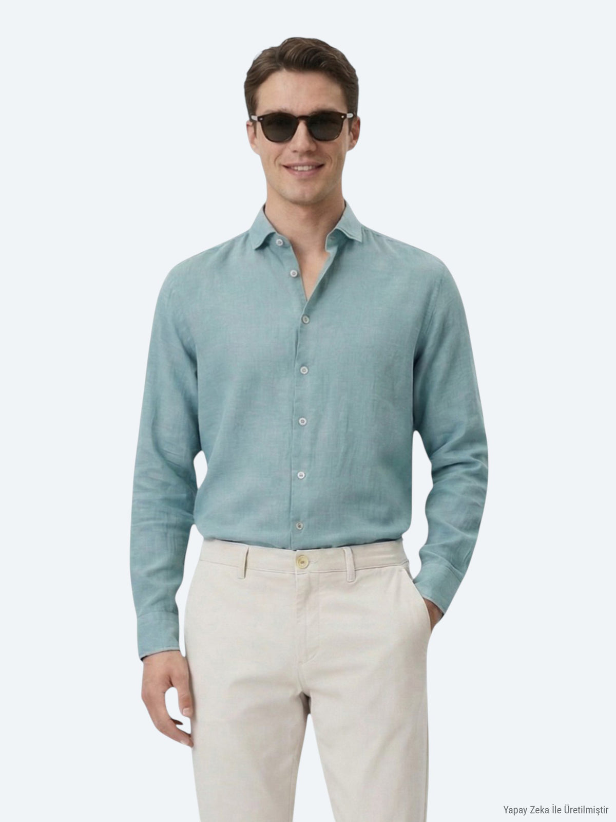 Nil Yeşili Düz Regular Fit Uzun Dokuma Casual Pamuk Karışımlı Gömlek