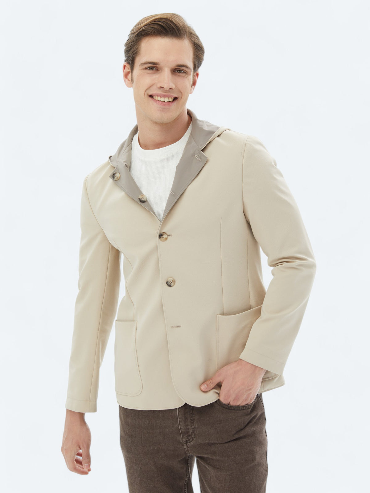 Bej Regular Fit Kapüşonlu Casual Örme Mont