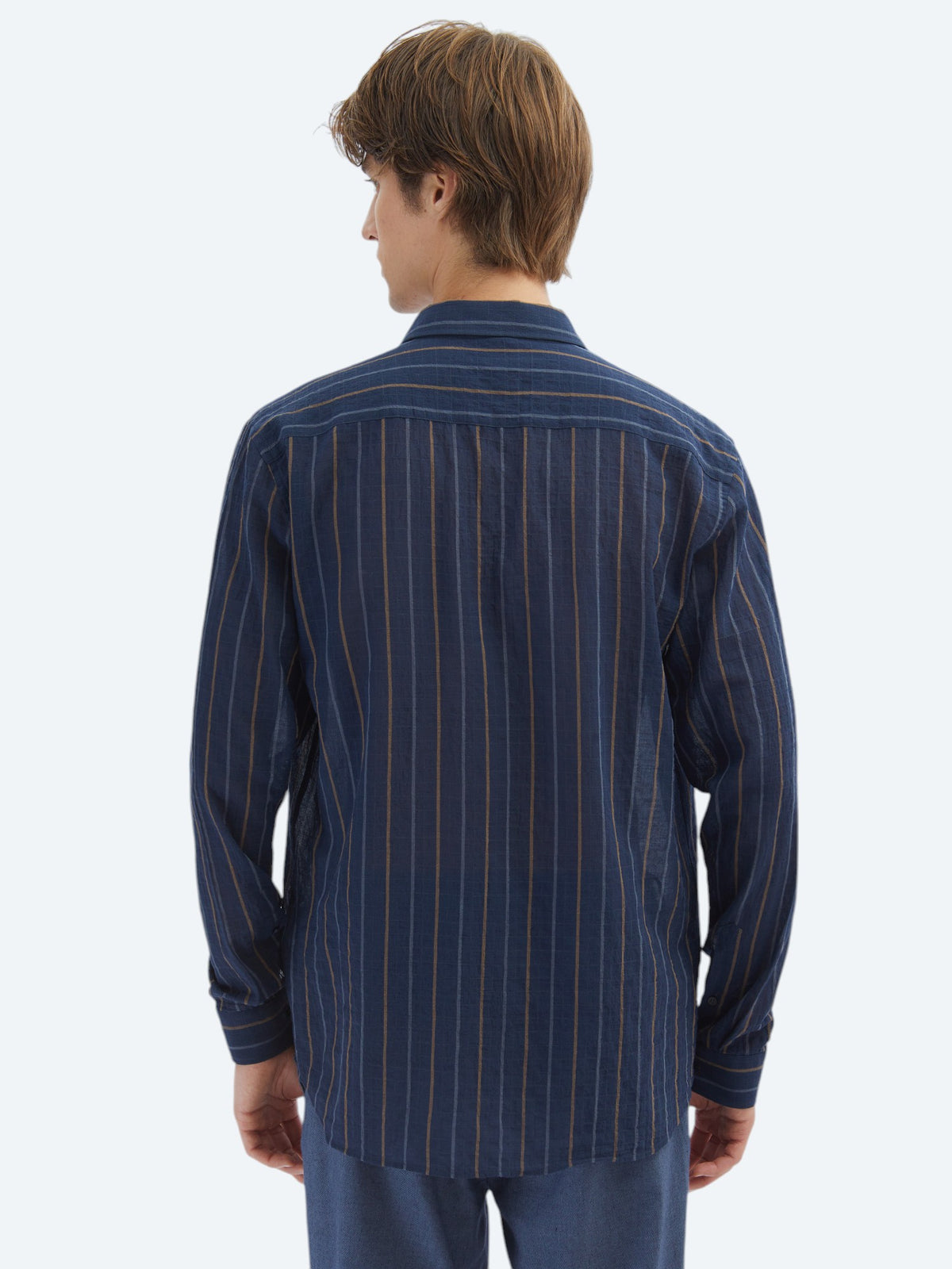 Lacivert Çizgili Regular Fit Uzun Dokuma Casual Pamuk Karışımlı Gömlek
