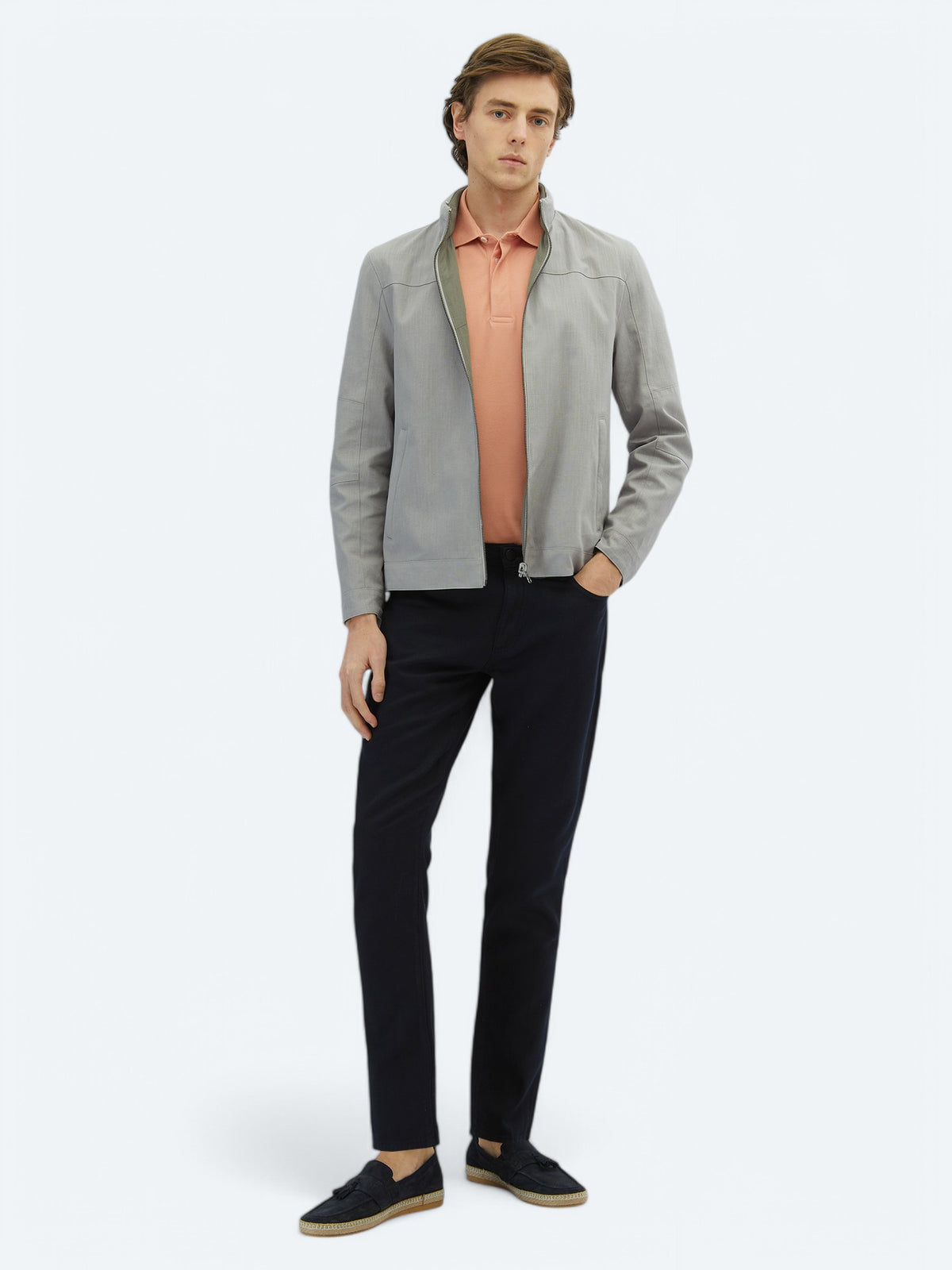 Gri Regular Fit Gizli Kapüşon Casual Dokuma Çift Taraflı Mont